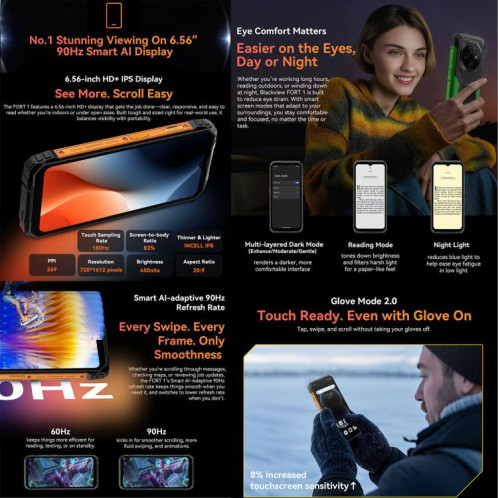  Blackview FORT 1, 6 Go + 256 Go, écran 6,56 pouces, Android 15, processeur Unisoc UMS9230E T615 Octa Core, réseau : 4G, OTG, NFC (Orange) SB997E770-020